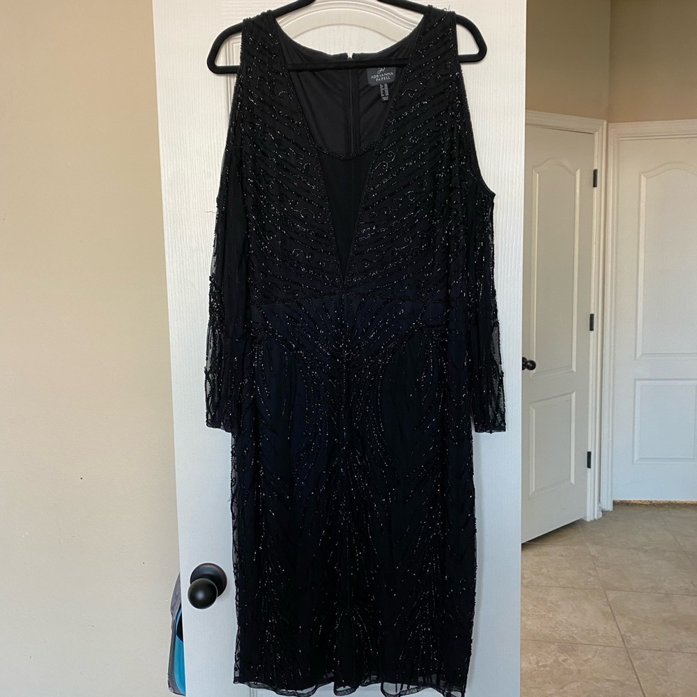 Adrianna Papell Black Beaded Long Sleeve Evening Dress